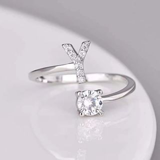 Alphabet Letter Ring for Women, Adjustable Open Zircon Fashion Ring