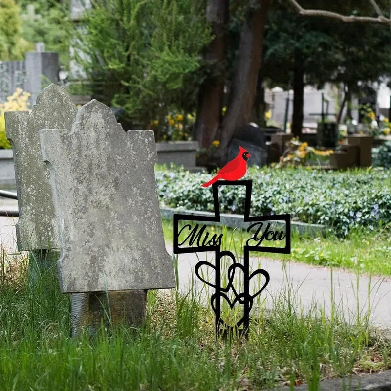 Amazon's Popular Wrought Iron Grave Cross with Red Robe and Floral Decoration, Garden and Yard Stake Ornament