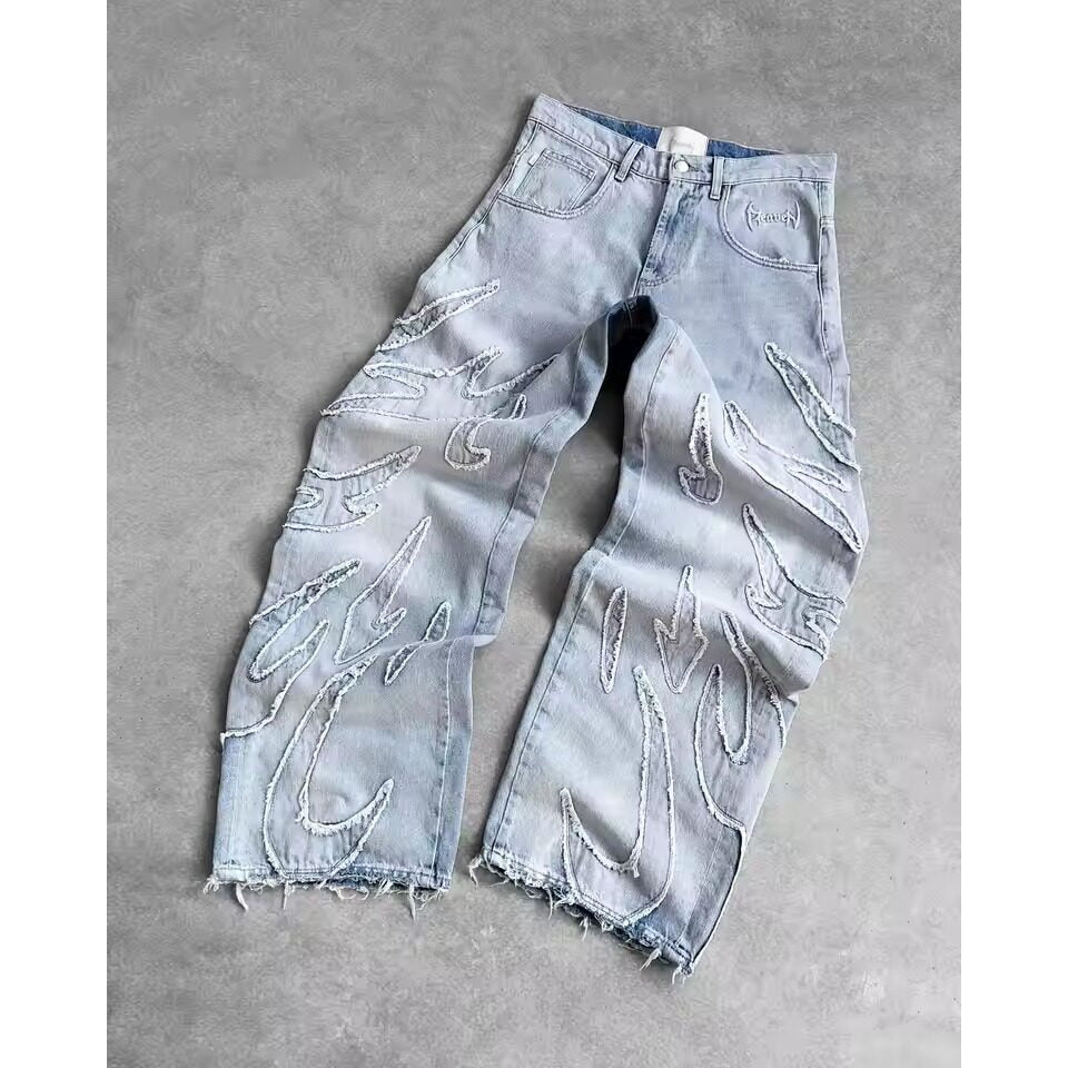 American Harajuku Retro Bat Pattern Embroidered Loose Jeans