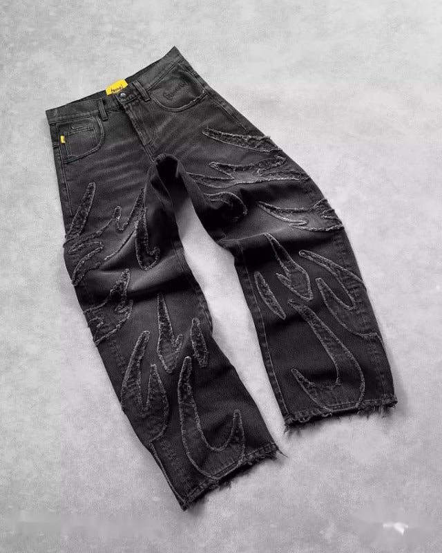 American Harajuku Retro Bat Pattern Embroidered Loose Jeans