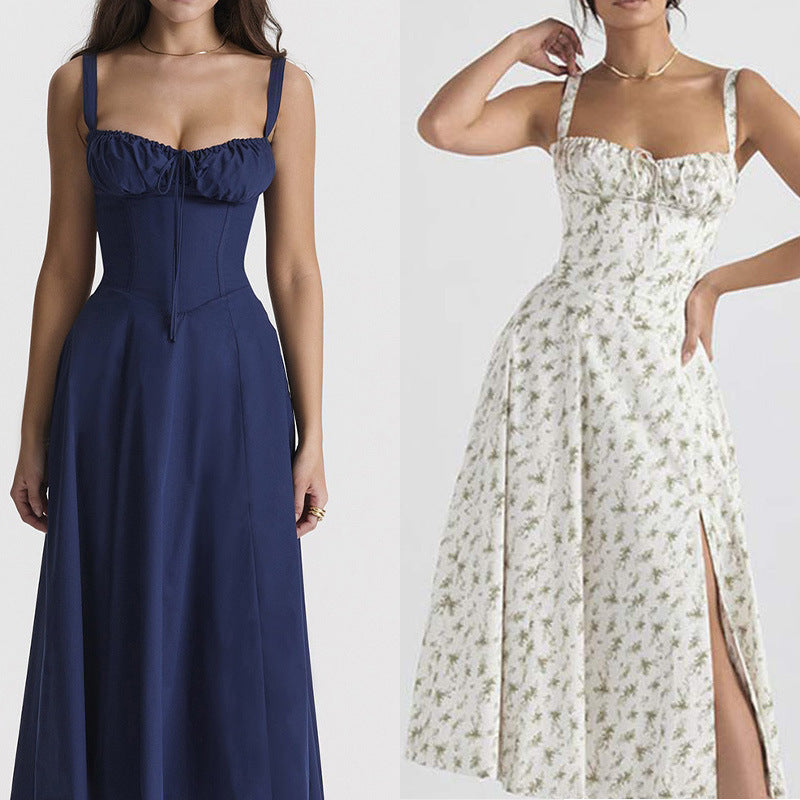 American Hot Low-cut Sexy Digital Printed Chest Back Strap Waist Mid-length Dress