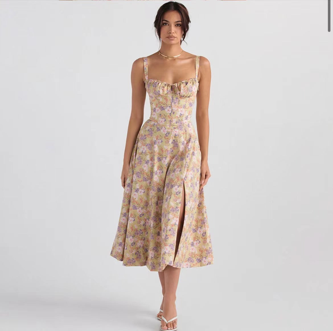 American Hot Low-cut Sexy Digital Printed Chest Back Strap Waist Mid-length Dress