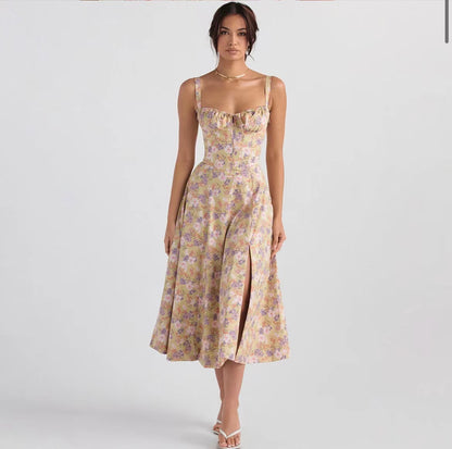 American Hot Low-cut Sexy Digital Printed Chest Back Strap Waist Mid-length Dress