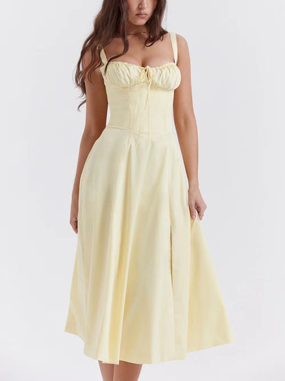 American Hot Low-cut Sexy Digital Printed Chest Back Strap Waist Mid-length Dress