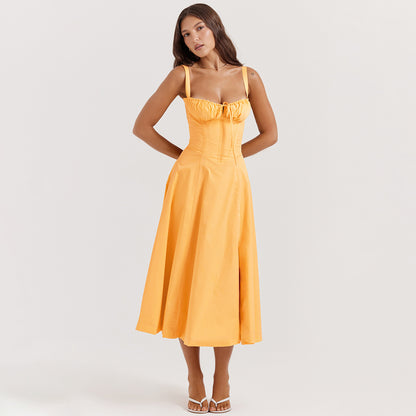 American Hot Low-cut Sexy Digital Printed Chest Back Strap Waist Mid-length Dress