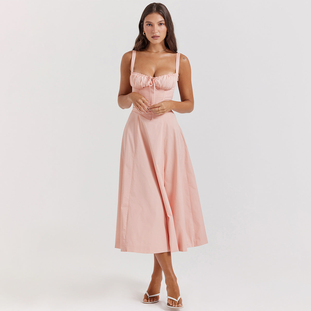 American Hot Low-cut Sexy Digital Printed Chest Back Strap Waist Mid-length Dress