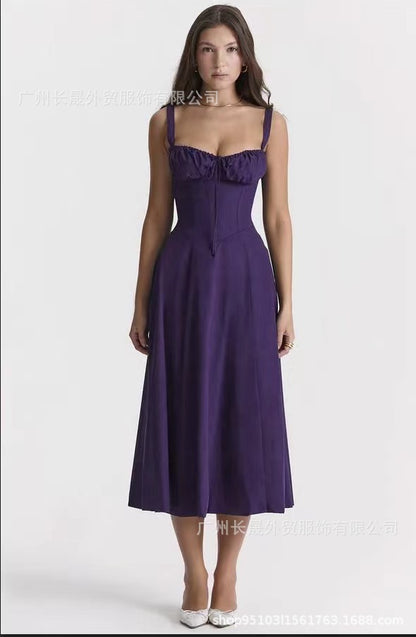 American Hot Low-cut Sexy Digital Printed Chest Back Strap Waist Mid-length Dress
