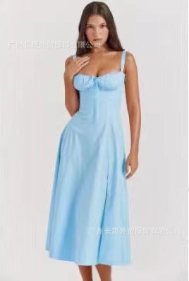 American Hot Low-cut Sexy Digital Printed Chest Back Strap Waist Mid-length Dress