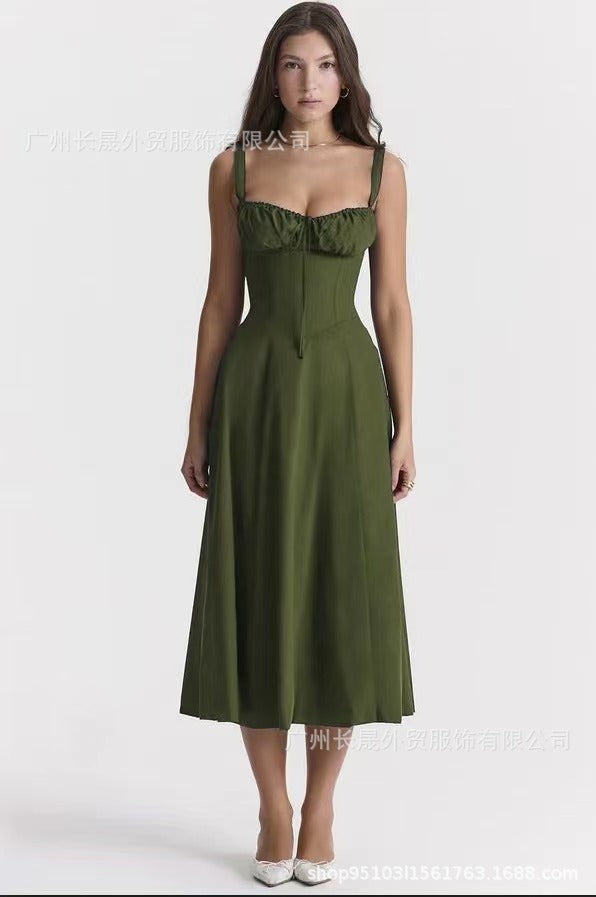 American Hot Low-cut Sexy Digital Printed Chest Back Strap Waist Mid-length Dress