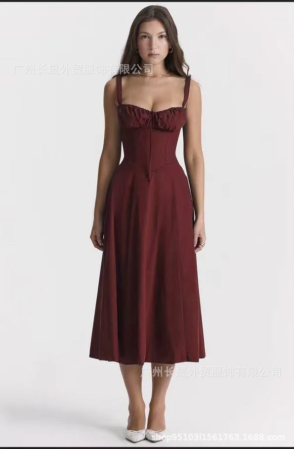 American Hot Low-cut Sexy Digital Printed Chest Back Strap Waist Mid-length Dress