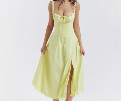 American Hot Low-cut Sexy Digital Printed Chest Back Strap Waist Mid-length Dress