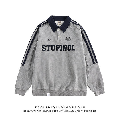 American Retro Collegiate Waffle-Knit Polo-Collar Sweatshirt for Women