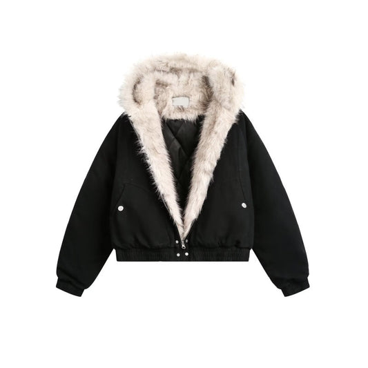 American Retro Fur Collar Hooded Cotton Jacket
