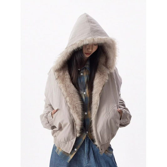 American Retro Fur Collar Hooded Cotton Jacket