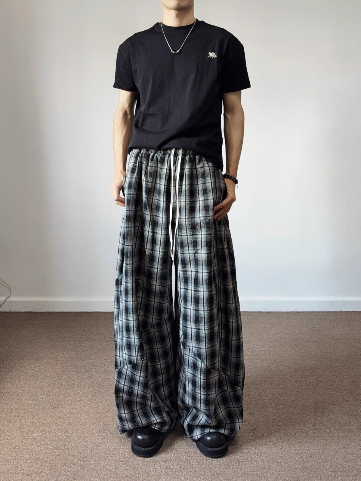 American Retro Loose Fit Plaid Trousers