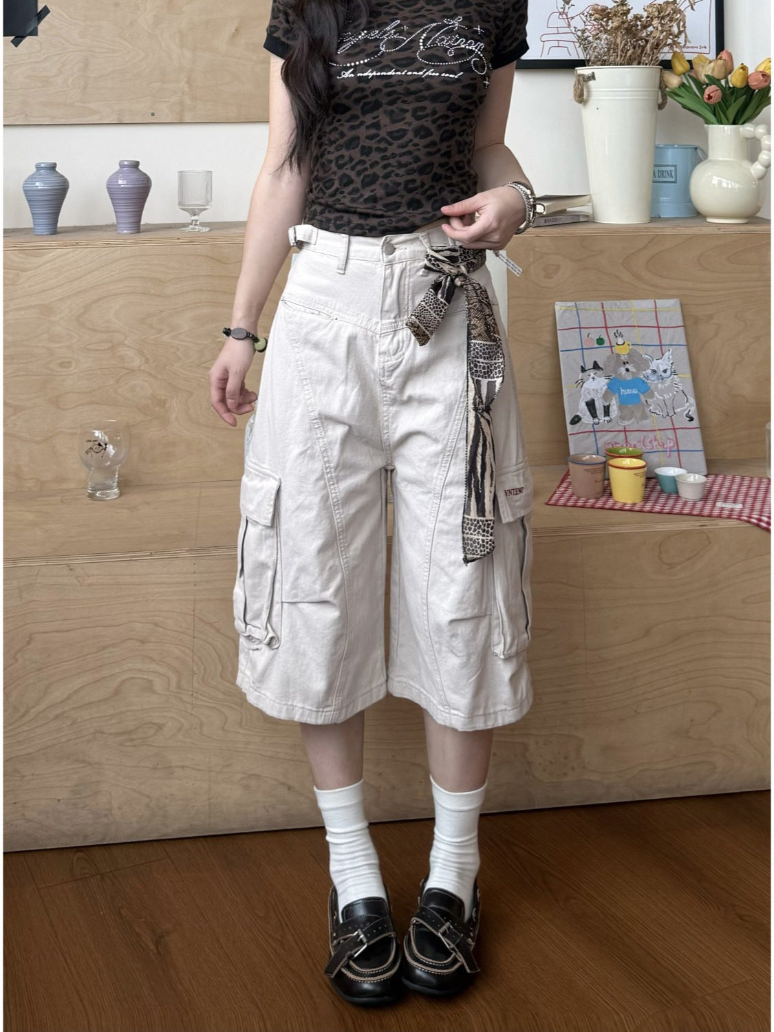 American Retro Multi-Pocket Loose Cropped Wide Leg Pants for Women