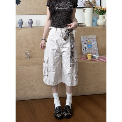 American Retro Multi-Pocket Loose Cropped Wide Leg Pants for Women