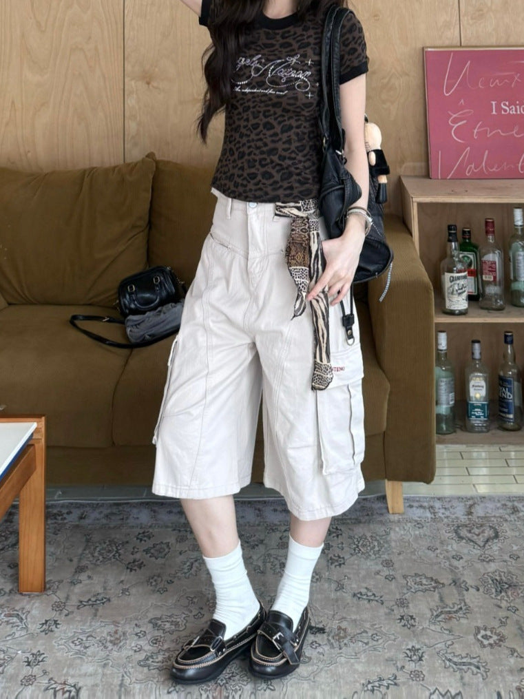 American Retro Multi-Pocket Loose Cropped Wide Leg Pants for Women