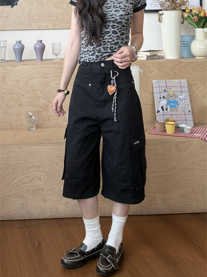 American Retro Multi-Pocket Loose Cropped Wide Leg Pants for Women