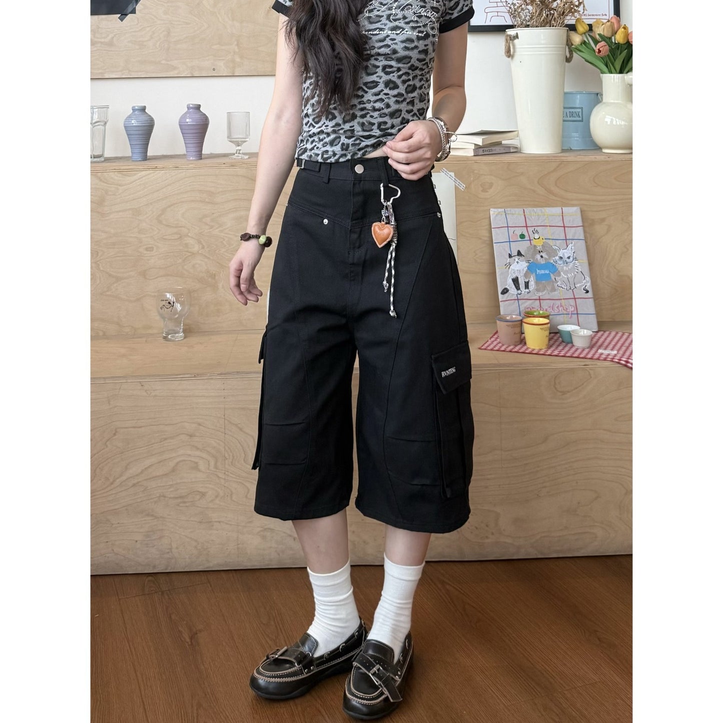 American Retro Multi-Pocket Loose Cropped Wide Leg Pants for Women