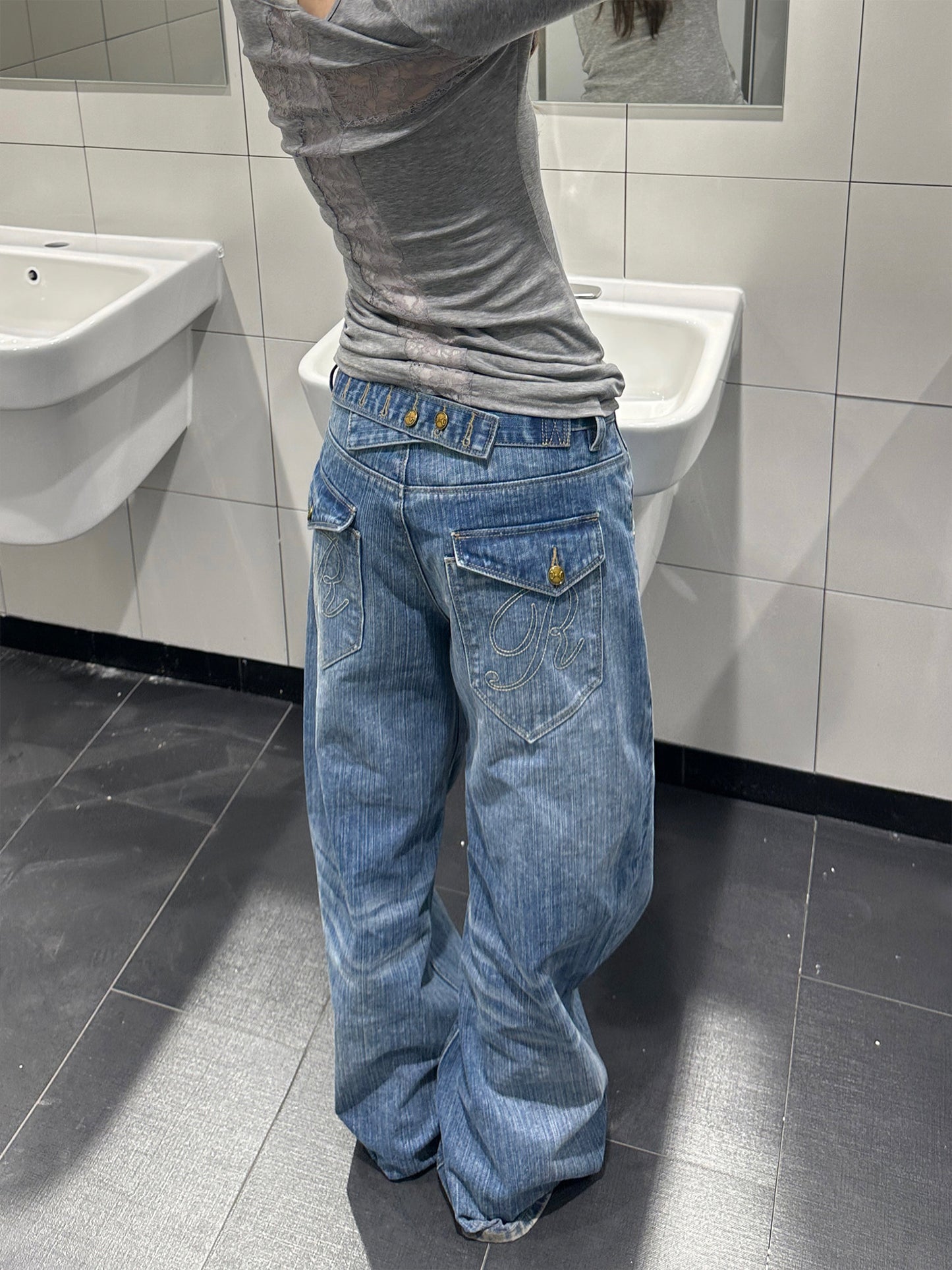 American Retro Paris Buckle Bamboo Joint Jeans