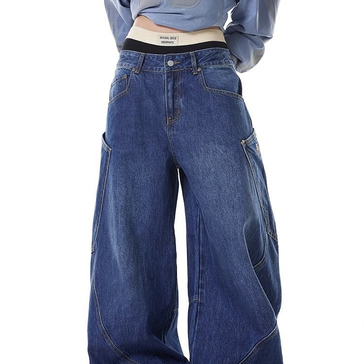 American Retro Style Loose Wide-Leg Denim Trousers