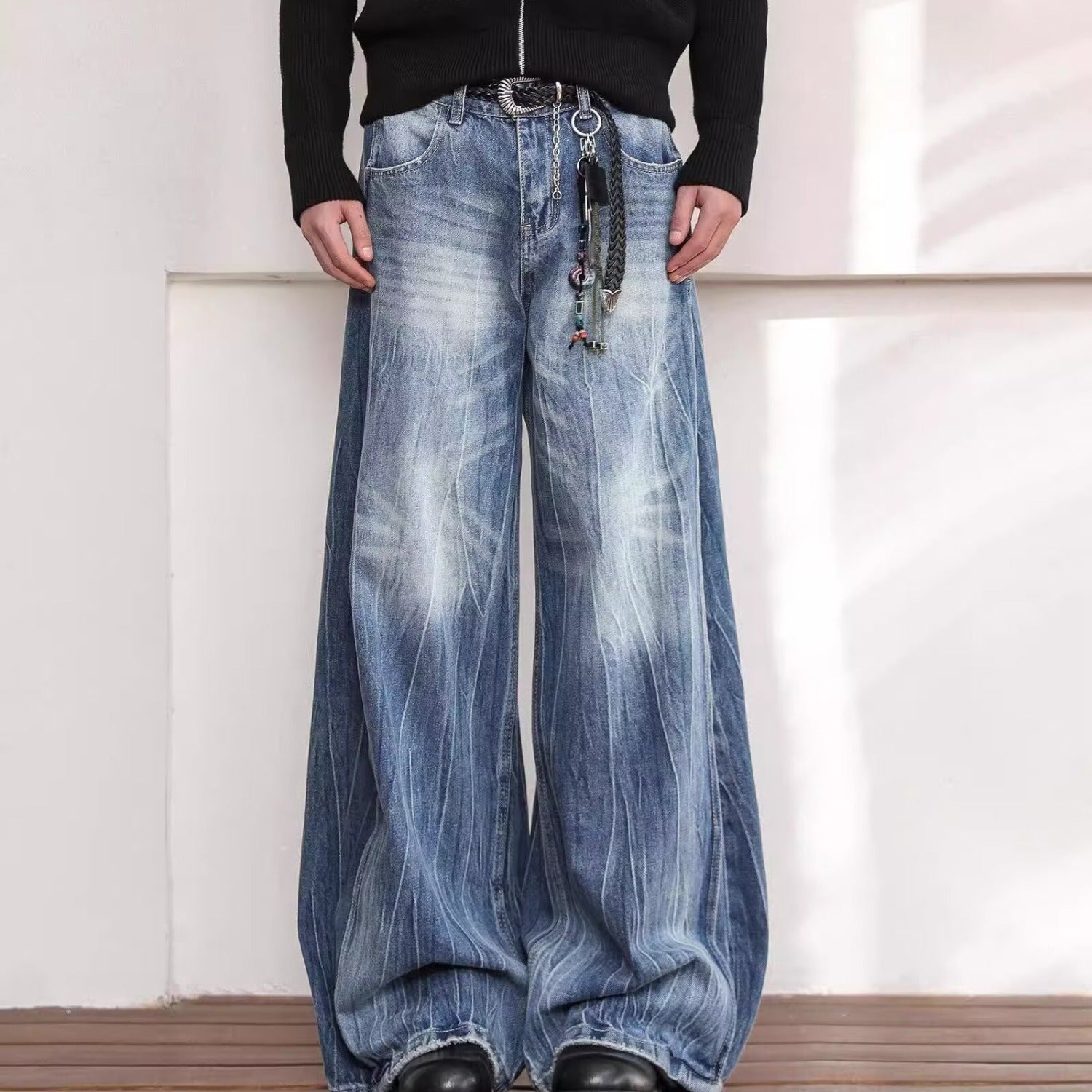 American Retro Style Loose Wide-Leg Denim Trousers