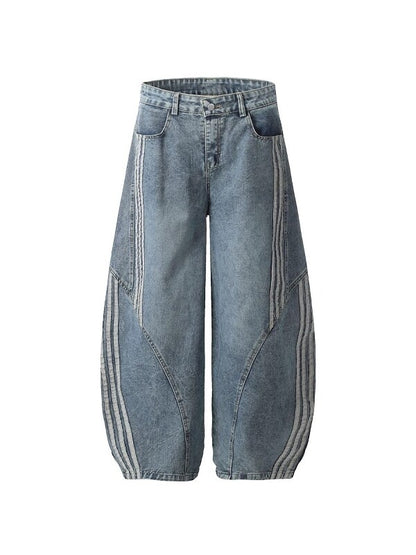 American Retro Washed Denim Pants with Stripe Detail