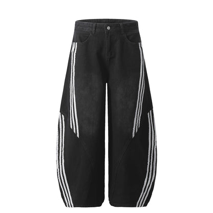 American Retro Washed Denim Pants with Stripe Detail