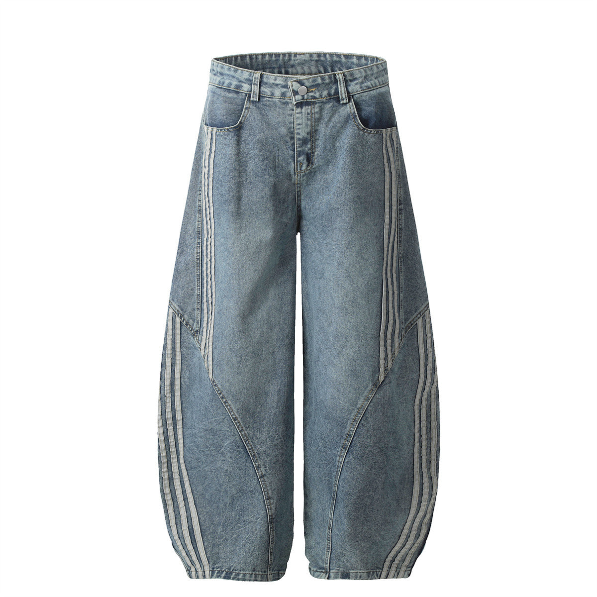 American Retro Washed Denim Pants with Stripe Detail