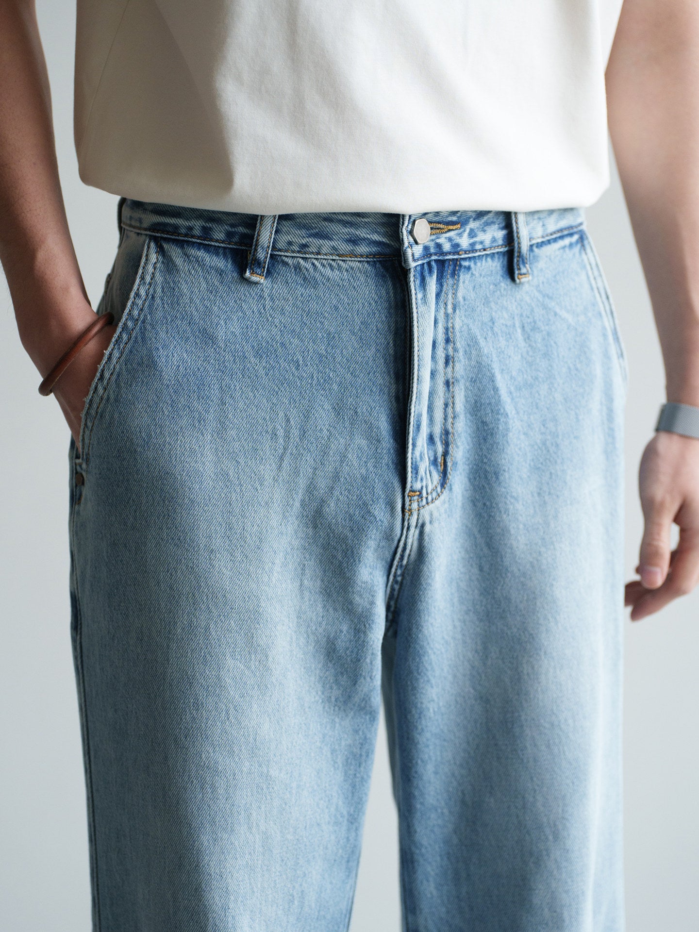 American Retro Washed Ice Blue Casual Jeans