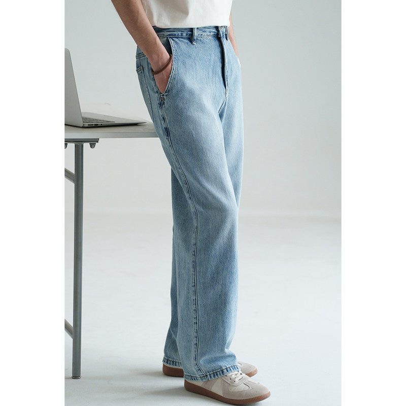 American Retro Washed Ice Blue Casual Jeans