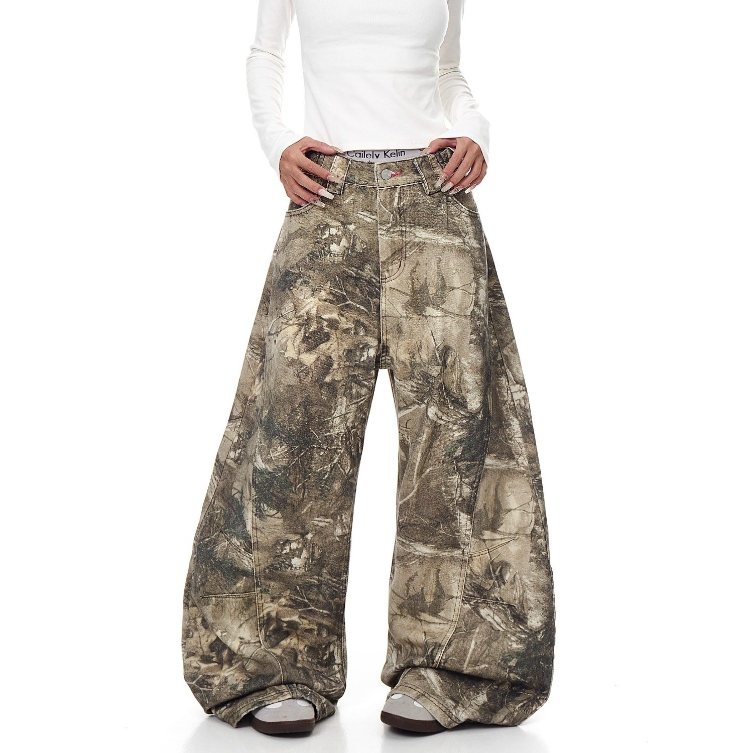American Street Letter Embroidery Branch Camouflage Jeans for Men and Women