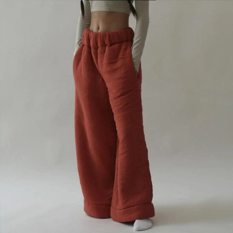 American-style warm and casual lamb wool wide-leg pants, solid color, simple, unique, beautiful, high-street style, winter trousers.
