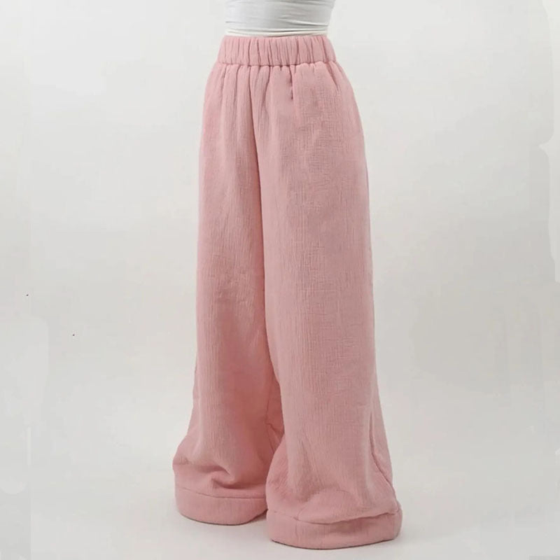 American-style warm and casual lamb wool wide-leg pants, solid color, simple, unique, beautiful, high-street style, winter trousers.