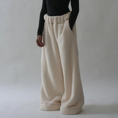 American-style warm and casual lamb wool wide-leg pants, solid color, simple, unique, beautiful, high-street style, winter trousers.
