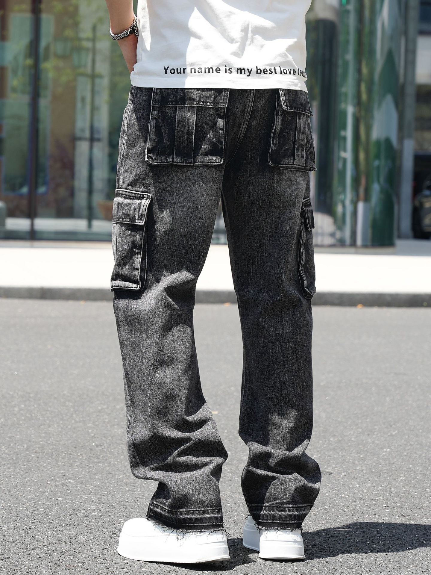 American-Style Wide-Leg Workwear Jeans with Multiple Pockets