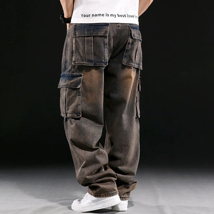 American-Style Wide-Leg Workwear Jeans with Multiple Pockets