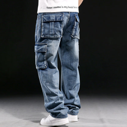 American-Style Wide-Leg Workwear Jeans with Multiple Pockets