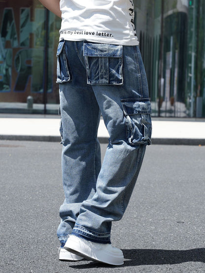 American-Style Wide-Leg Workwear Jeans with Multiple Pockets