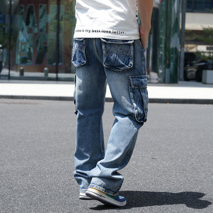 American-Style Wide-Leg Workwear Jeans with Multiple Pockets