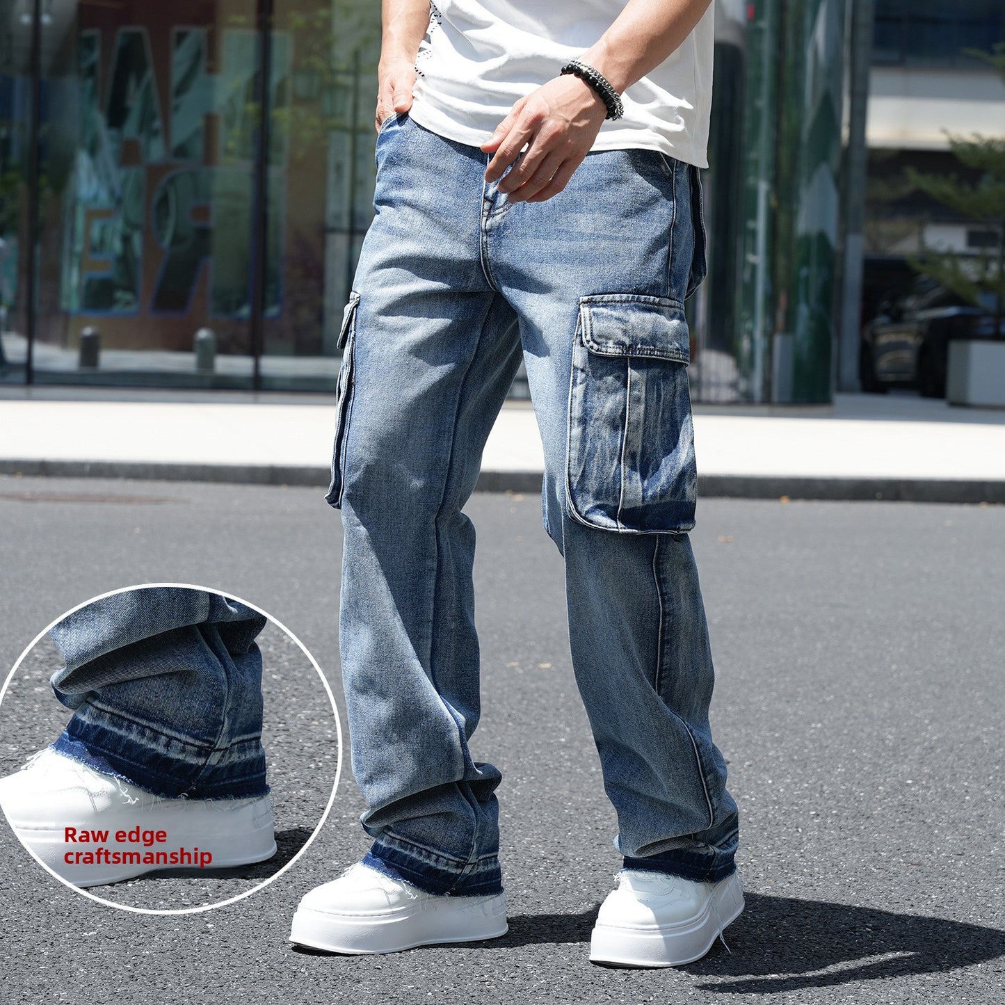 American-Style Wide-Leg Workwear Jeans with Multiple Pockets