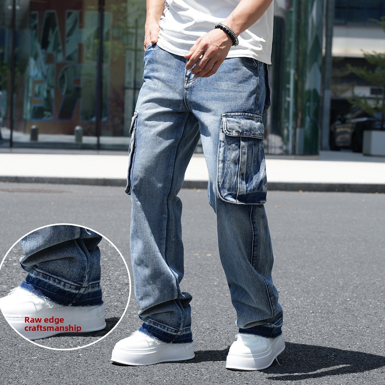 American-Style Wide-Leg Workwear Jeans with Multiple Pockets