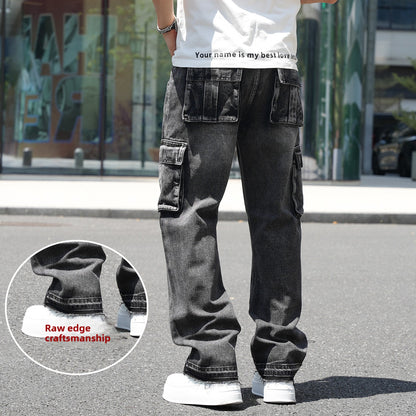 American-Style Wide-Leg Workwear Jeans with Multiple Pockets