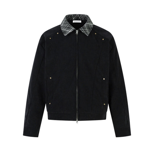 American-Style Workwear Jacket with Contrast Plaid Lapels