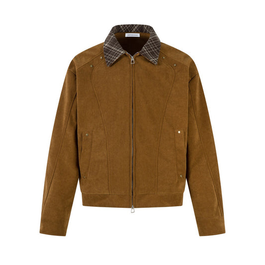 American-Style Workwear Jacket with Contrast Plaid Lapels