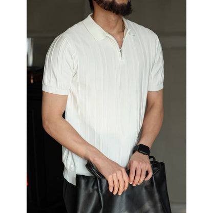American Style Zipper Polo Shirt Mens Summer Knit Top