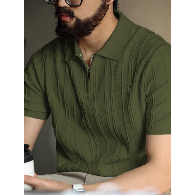 American Style Zipper Polo Shirt Mens Summer Knit Top