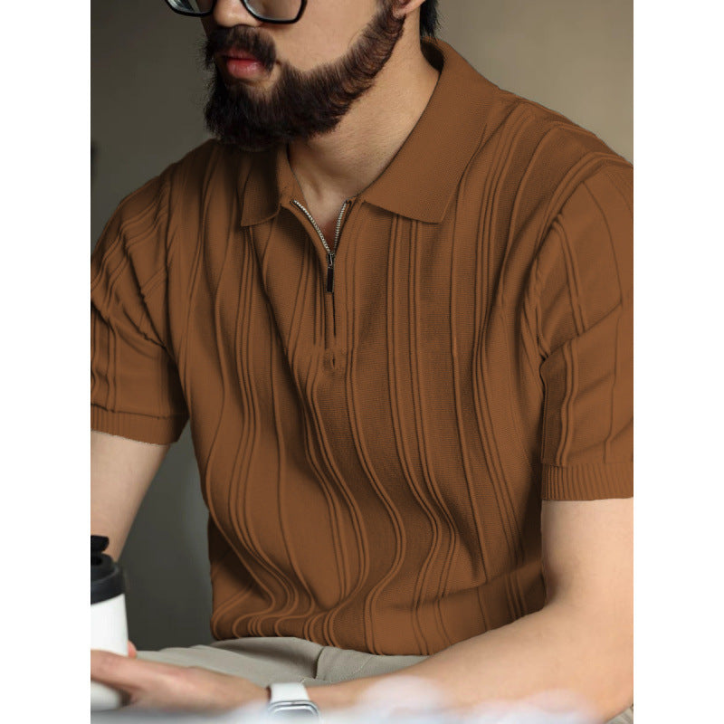 American Style Zipper Polo Shirt Mens Summer Knit Top