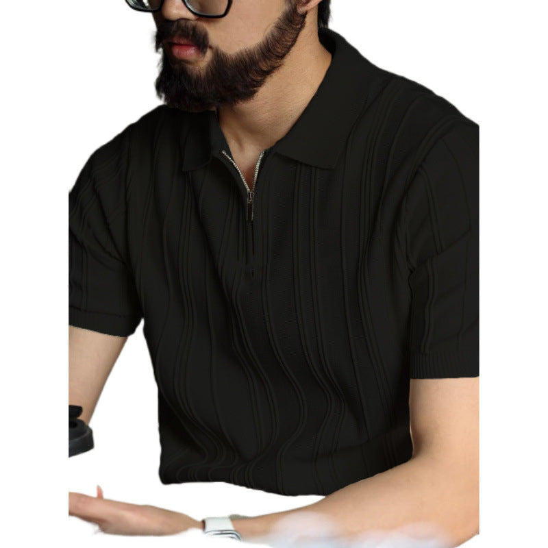 American Style Zipper Polo Shirt Mens Summer Knit Top